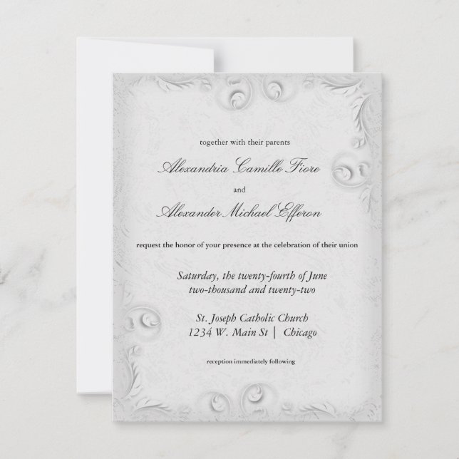 Elegant Silver Scrollwork Formal Wedding Invite (Front)