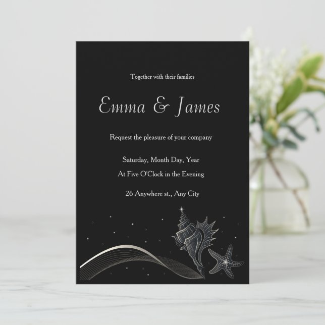 Elegant Silver Seashell Beach Wedding Invitation (Standing Front)