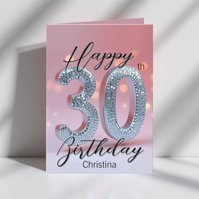 Elegant Silver Sequin on Blush Pink 30th Birthday Card (Creator Uploaded)