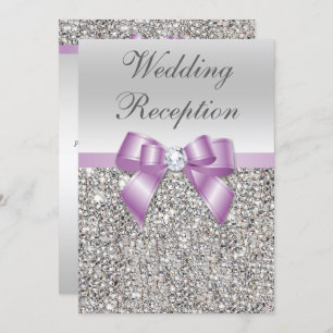 Elegant Silver Sequins Lilac Bow Wedding Reception Invitation