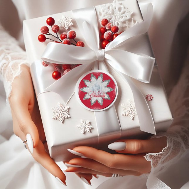 Elegant Silver Snow flakes red Round Sticker (Creator Uploaded)