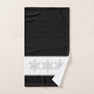 Elegant Silver Snowflake on Black  Hand Towel