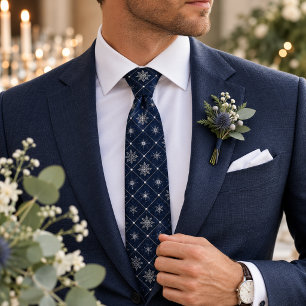 Elegant Silver Snowflake Pearl Midnight Blue Tie