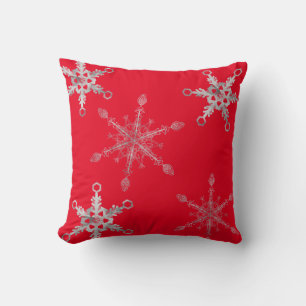 Elegant Silver Snowflakes Red Throw Pillow