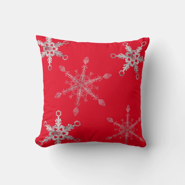 Elegant Silver Snowflakes Red  Throw Pillow (Front)