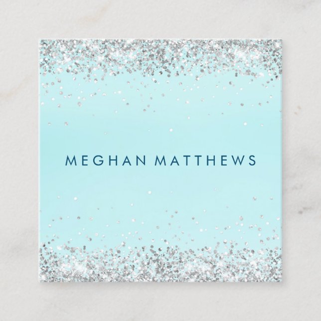 Elegant Silver Sparkle Beauty Stylist Square Business Card (Front)