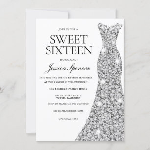 Elegant Silver Sparkle Dress Sweet 16 Invite