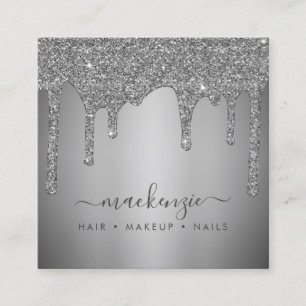 Elegant Silver Sparkle Glitter Drips Luxury Square Business Card