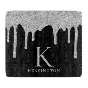 Elegant Silver Sparkle Glitter Drips Monogram Cutting Board