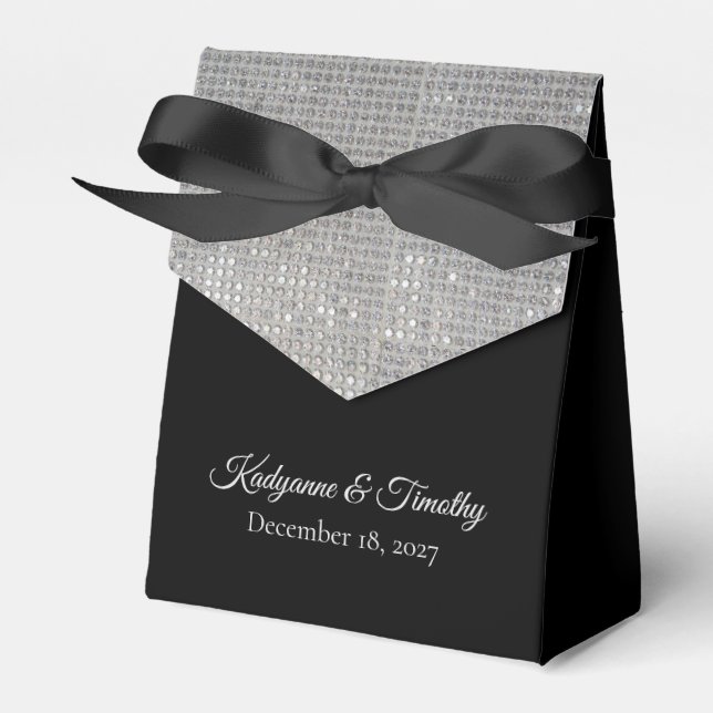 Elegant Silver Sparkle Snowflake on Black Wedding Favor Box (Front Side)