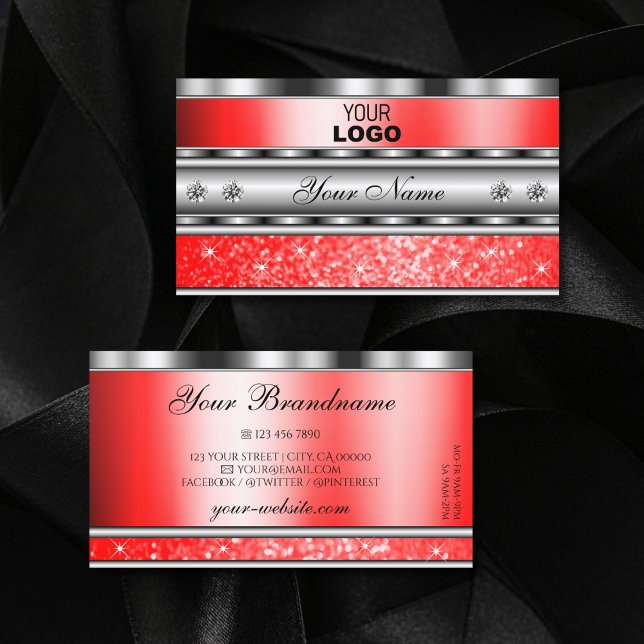 Elegant Silver Sparkling Ruby Red Glitter Add Logo Business Card (Creator Uploaded)