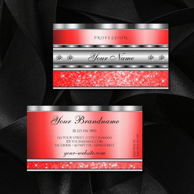 Elegant Silver Sparkling Ruby Red Glitter Diamonds Business Card (Creator Uploaded)