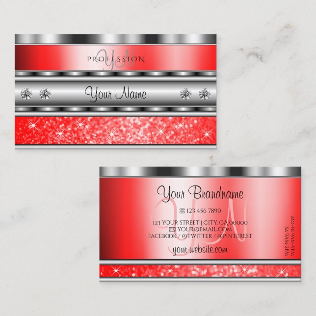 Elegant Silver Sparkling Ruby Red Glitter Monogram Business Card (Front/Back)