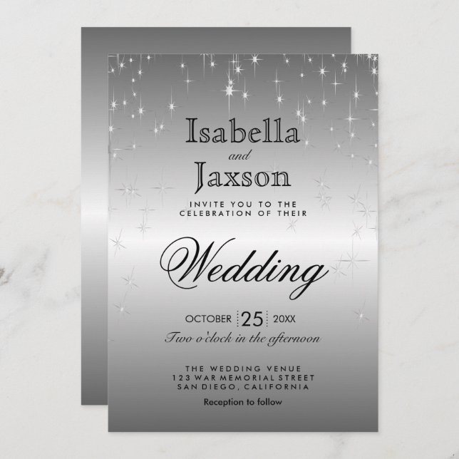 Elegant Silver Star Lights Wedding Invitation (Front/Back)