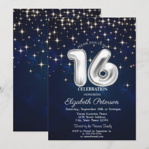 Elegant Silver Stars Navy Blue Sweet 16 Invitation