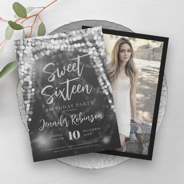Elegant Silver String Lights Photo Sweet 16   Invitation (Elegant Silver String Lights Photo Sweet 16 Invitation)