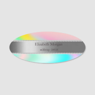 Elegant Silver  Stripe, Pearls  Holographic Ombre Name Tag