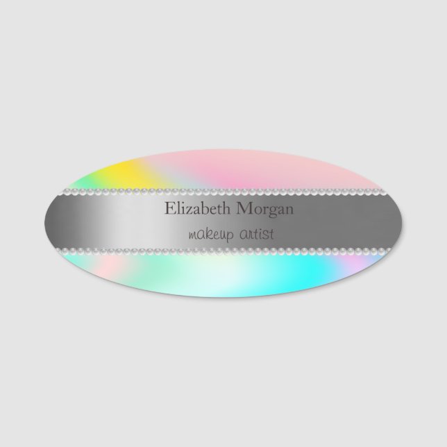 Elegant Silver  Stripe, Pearls  Holographic Ombre Name Tag (Front)