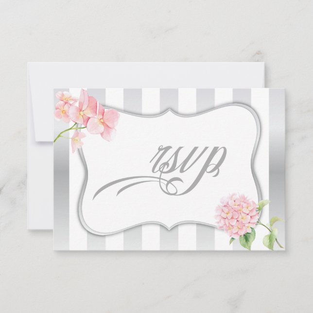 Elegant Silver Stripes Pink Hydrangeas RSVP Card (Front)