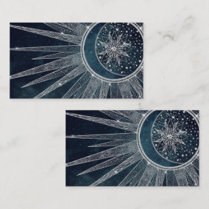 Elegant Silver Sun Moon Doodle Mandala Blue Design Business Card