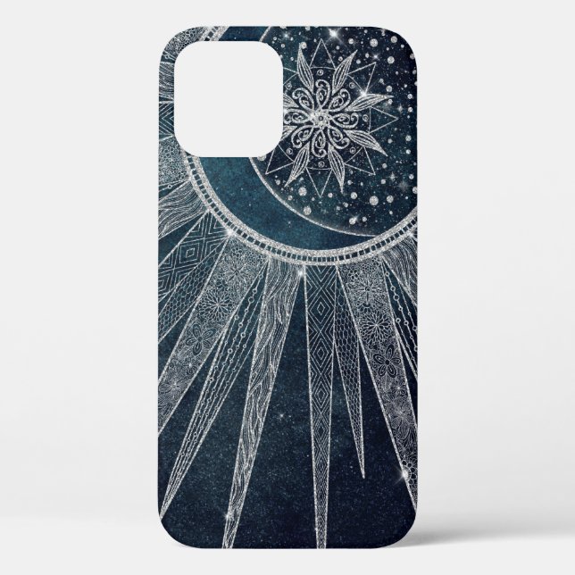 Elegant Silver Sun Moon Doodle Mandala Blue Design Case-Mate iPhone Case (Back)