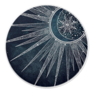 Elegant Silver Sun Moon Doodle Mandala Blue Design Ceramic Knob