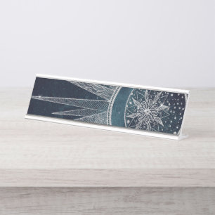 Elegant Silver Sun Moon Doodle Mandala Blue Design Desk Name Plate
