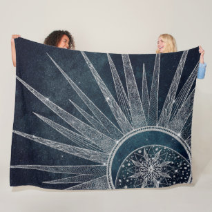 Elegant Silver Sun Moon Doodle Mandala Blue Design Fleece Blanket
