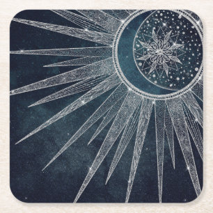 Elegant Silver Sun Moon Doodle Mandala Blue Design Square Paper Coaster