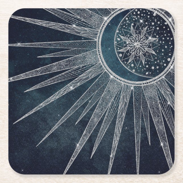 Elegant Silver Sun Moon Doodle Mandala Blue Design Square Paper Coaster (Front)