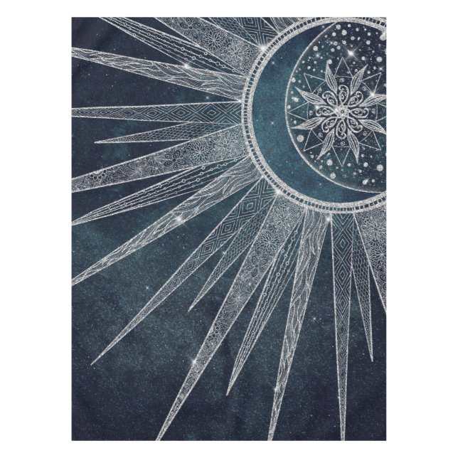 Elegant Silver Sun Moon Doodle Mandala Blue Design Tablecloth (Front)