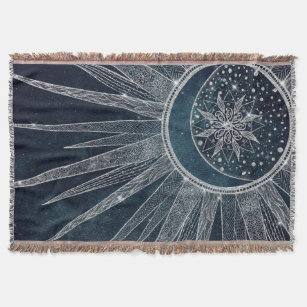 Elegant Silver Sun Moon Doodle Mandala Blue Design Throw Blanket