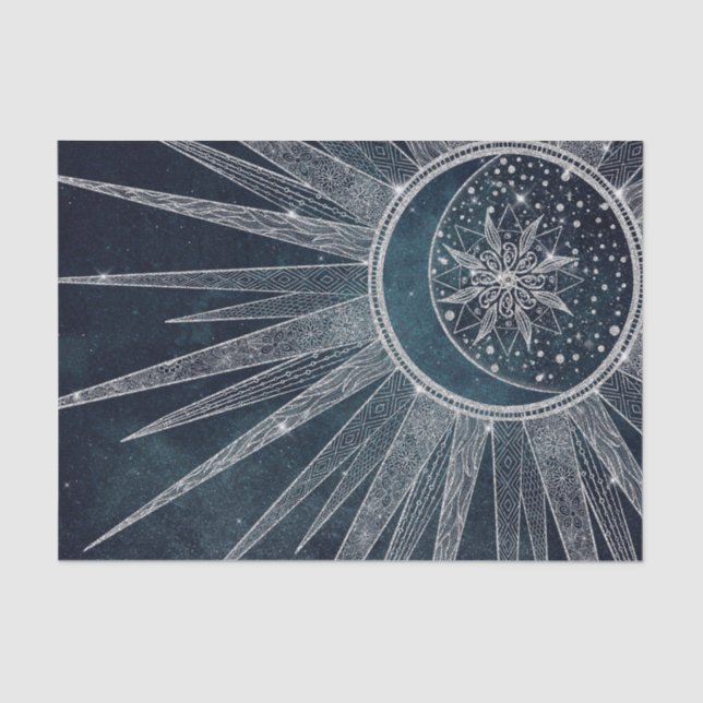 Elegant Silver Sun Moon Doodle Mandala Blue Design Tissue Paper (Front)