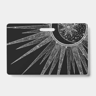 Elegant Silver Sun Moon Mandala Black Design Badge