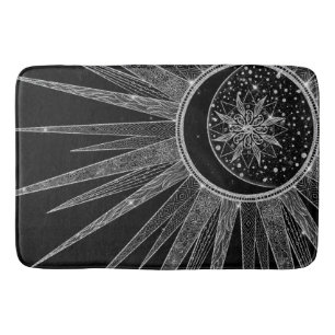Elegant Silver Sun Moon Mandala Black Design Bath Mat