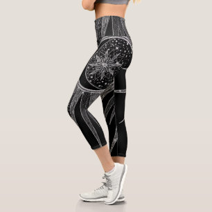 Elegant Silver Sun Moon Mandala Black Design Capri Leggings