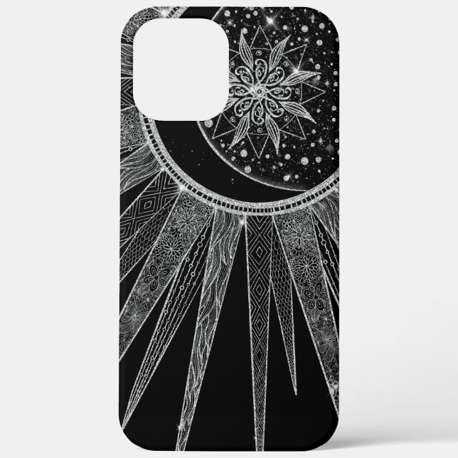 Elegant Silver Sun Moon Mandala Black Design Case-Mate iPhone Case (Back)