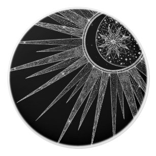 Elegant Silver Sun Moon Mandala Black Design Ceramic Knob