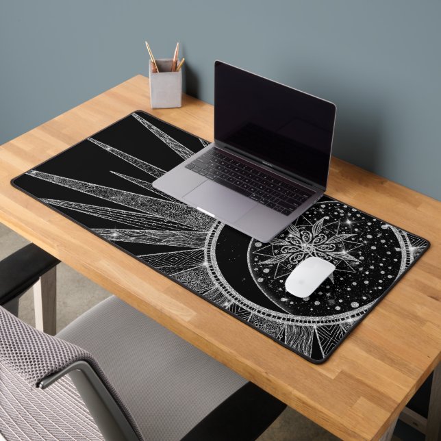 Elegant Silver Sun Moon Mandala Black Design Desk Mat (Office 2)