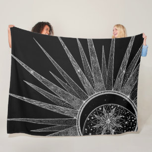 Elegant Silver Sun Moon Mandala Black Design Fleece Blanket