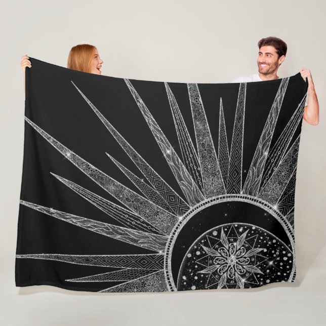 Elegant Silver Sun Moon Mandala Black Design Fleece Blanket (In Situ)