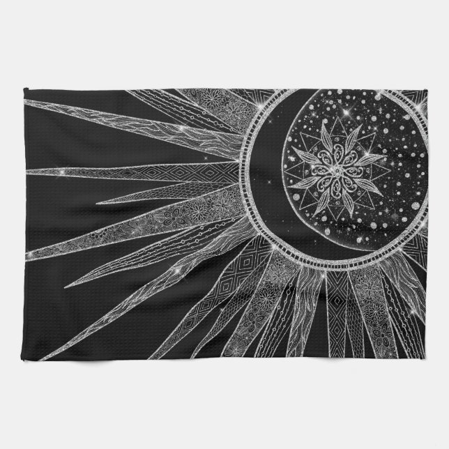 Elegant Silver Sun Moon Mandala Black Design Kitchen Towel (Horizontal)