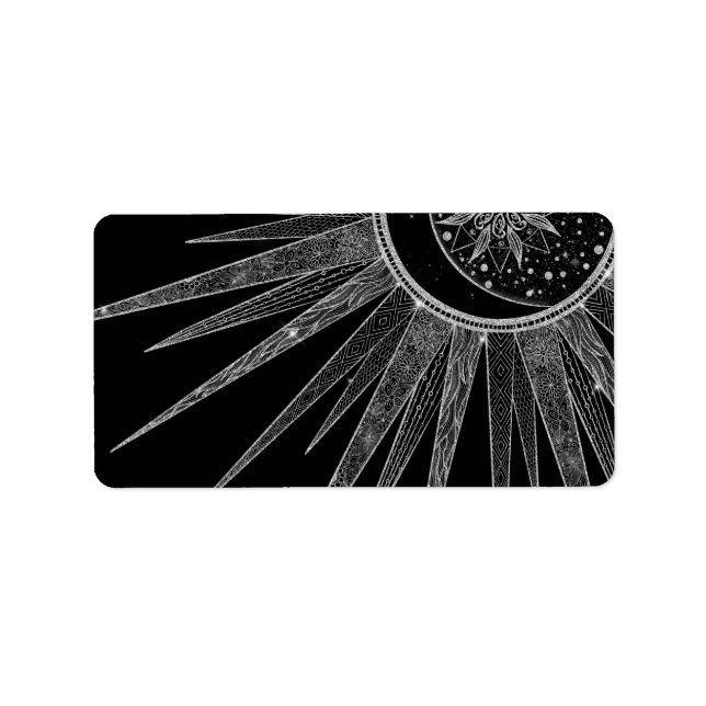 Elegant Silver Sun Moon Mandala Black Design Label (Front)