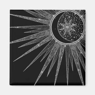 Elegant Silver Sun Moon Mandala Black Design Magnet