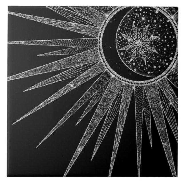Elegant Silver Sun Moon Mandala Black Design Tile (Front)