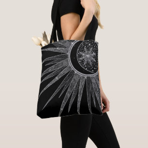 Elegant Silver Sun Moon Mandala Black Design Tote Bag