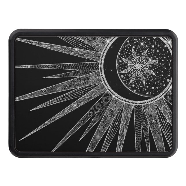 Elegant Silver Sun Moon Mandala Black Design Trailer Hitch Cover (Front)