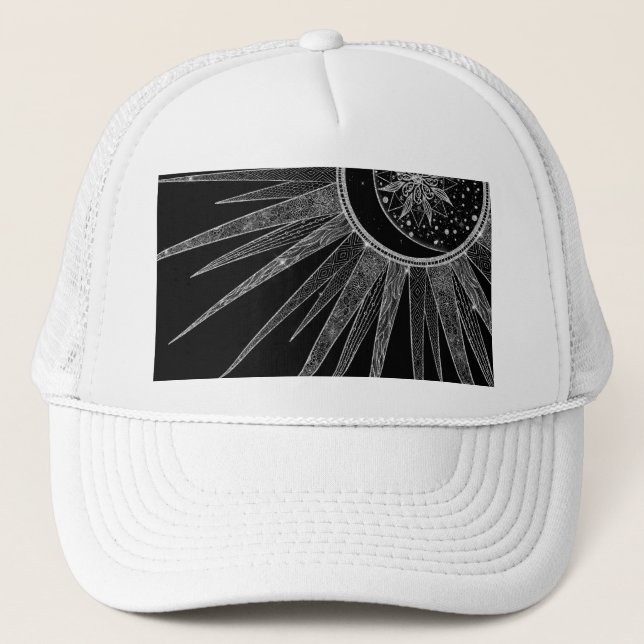 Elegant Silver Sun Moon Mandala Black Design Trucker Hat (Front)