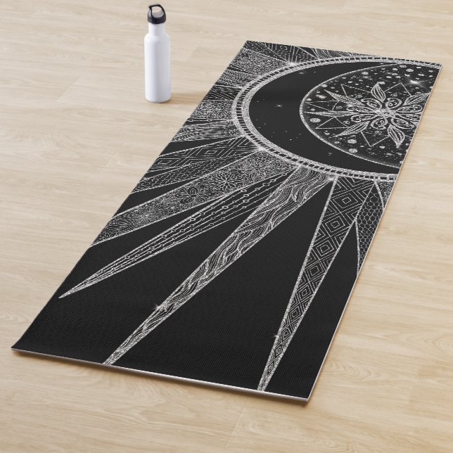 Elegant Silver Sun Moon Mandala Black Design Yoga Mat (In Situ)