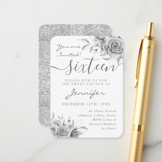 Elegant Silver Sweet 16 Glitter Floral Invite  (Front/Back In Situ)